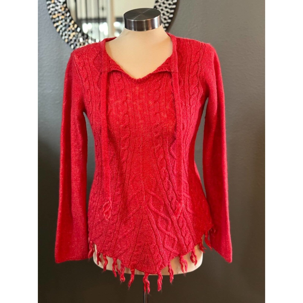 Prana Red Cable-Knit Tunic Sweater with Fringe